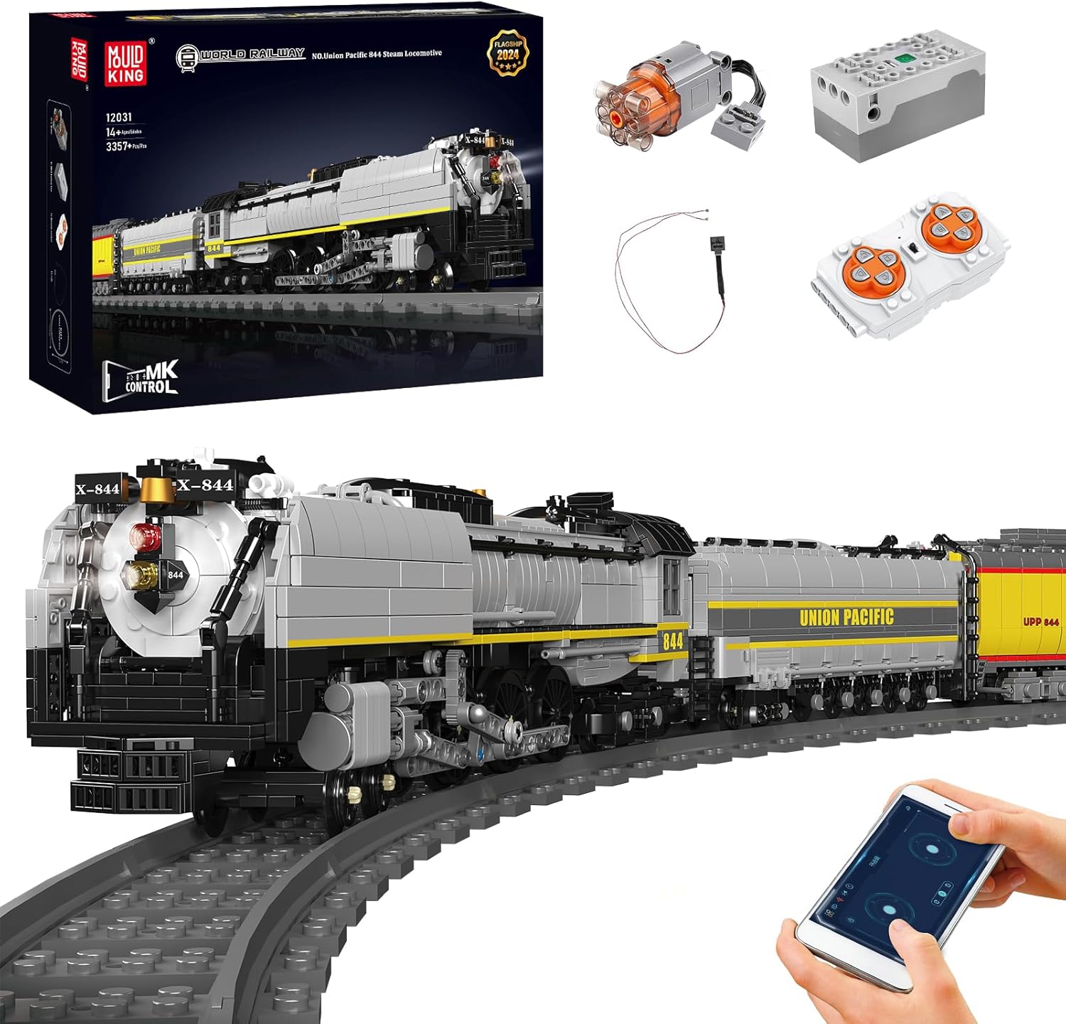 Mould King 12031 MOC Technik Zug Eisenbahn, Technik Ferngesteuert 1955 UP844 Dampflokomotive Mit Motoren, APP Akku Klemmbausteine