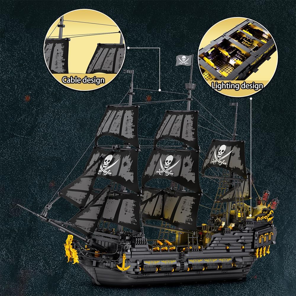 Reobrix 66036 Piratenschiff Bausteinboot Spielzeug, 4910 Teile Groß Black Pearl Boot Schiff Bauspielzeugsets Mit light, MOC Segelschiff Modellbausatz Klemmbausteine, für Erwachsene und Jugendliche