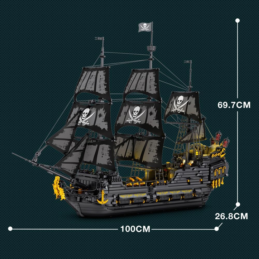 Reobrix 66036 Piratenschiff Bausteinboot Spielzeug, 4910 Teile Groß Black Pearl Boot Schiff Bauspielzeugsets Mit light, MOC Segelschiff Modellbausatz Klemmbausteine, für Erwachsene und Jugendliche
