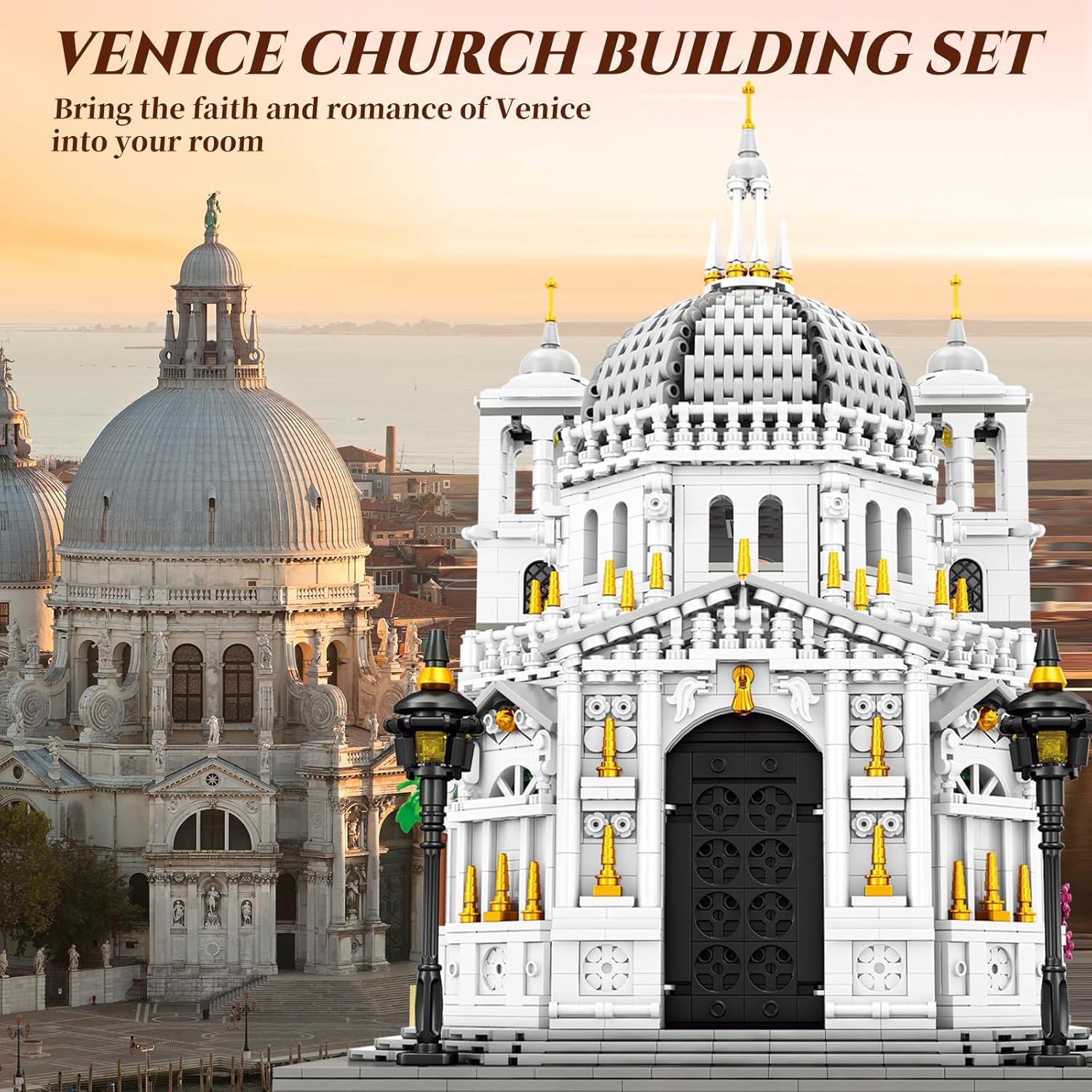 Venedig Kirchen Baustein Set für Erwachsene mit Beleuchtung, 55014 Berühmt Venedig Architekture Modell der Kirche Santa Maria Della Salute, 4270 Teile Italien Wahrzeichen Bauspielzeug