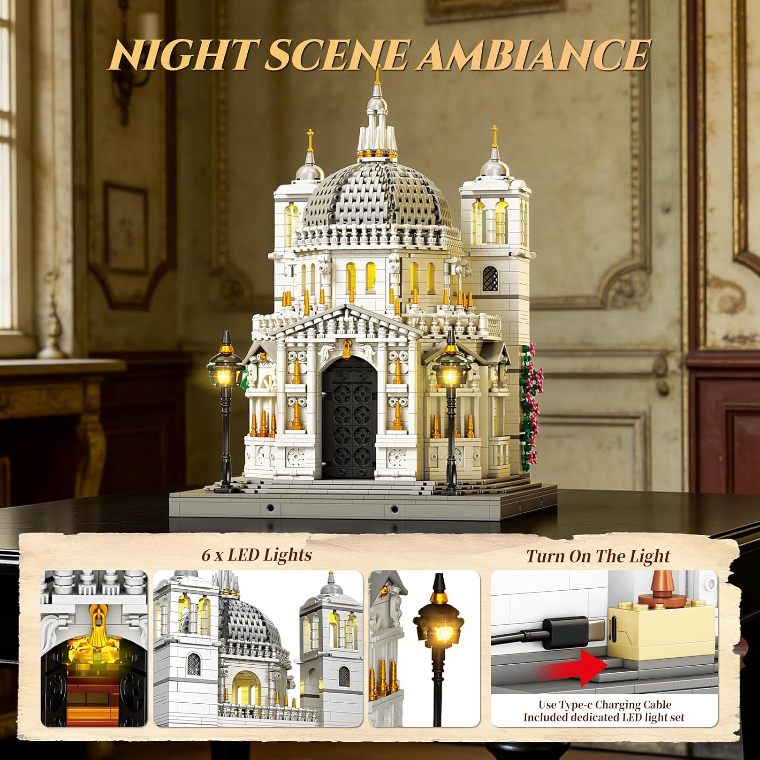 Venedig Kirchen Baustein Set für Erwachsene mit Beleuchtung, 55014 Berühmt Venedig Architekture Modell der Kirche Santa Maria Della Salute, 4270 Teile Italien Wahrzeichen Bauspielzeug