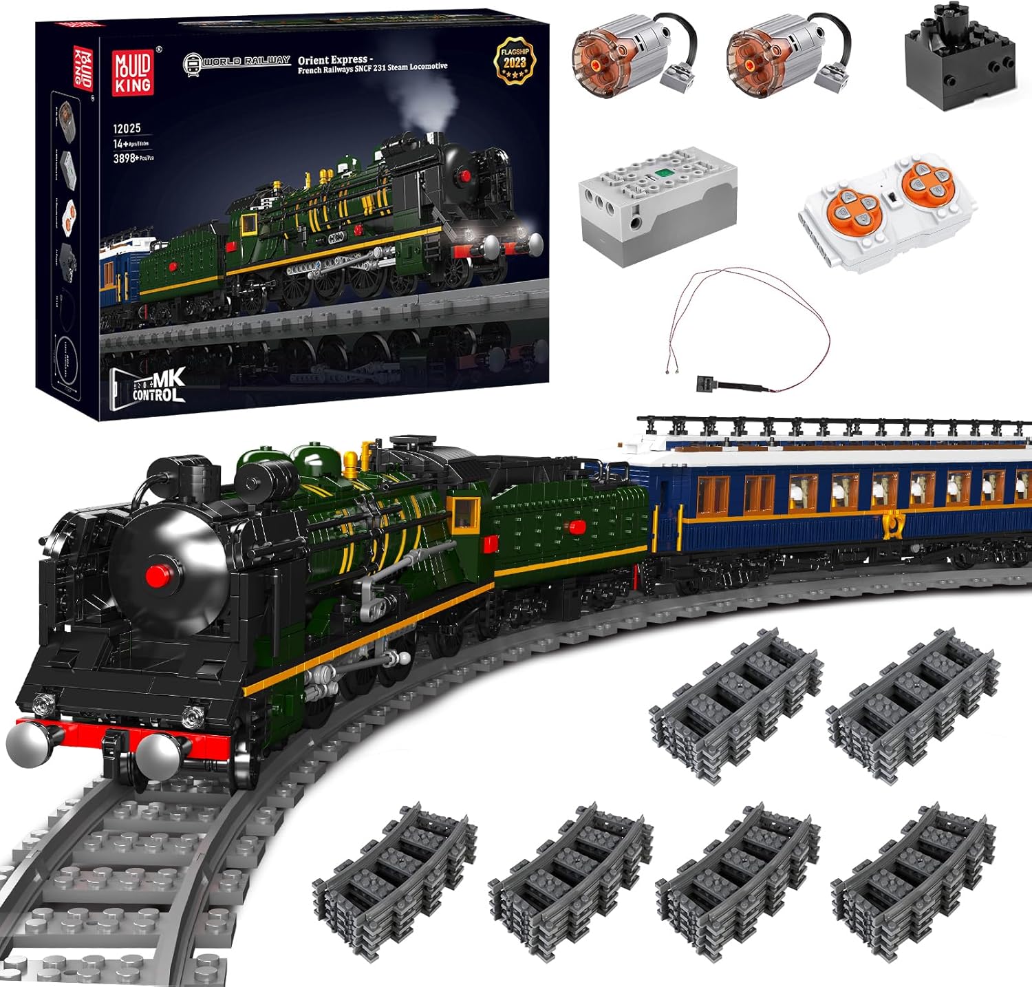 Mould King Technik Zug Beleuchtung Bauklötze Modell, 3898 Teile Ferngesteuerte LED-Licht Dampflokomotive Baustein Set, Weihnachtliches Spielzeug Geschenk für Erwachsene und Jugendliche