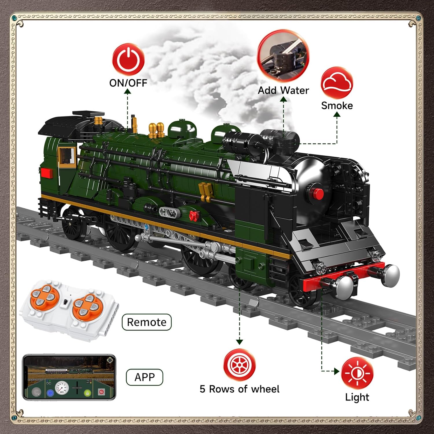 Mould King Technik Zug Beleuchtung Bauklötze Modell, 3898 Teile Ferngesteuerte LED-Licht Dampflokomotive Baustein Set, Weihnachtliches Spielzeug Geschenk für Erwachsene und Jugendliche