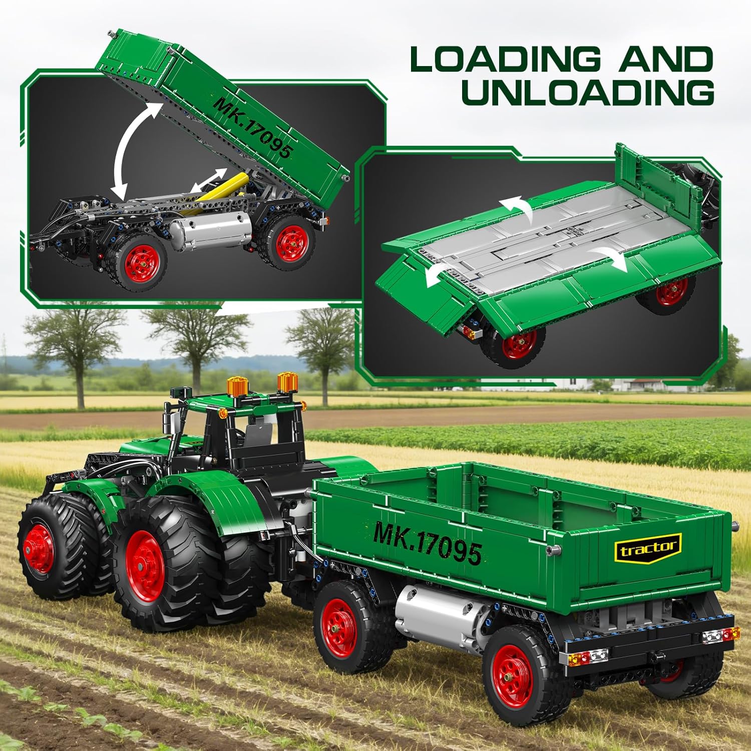 Technik Traktor mit Anhänger Klemmbausteine – 2368 Teile Technik Bausatz, Ferngesteuertes Landwirtschaftsmodell mit Motor & Akku, App Steuerung, STEM Spielzeug für Erwachsene