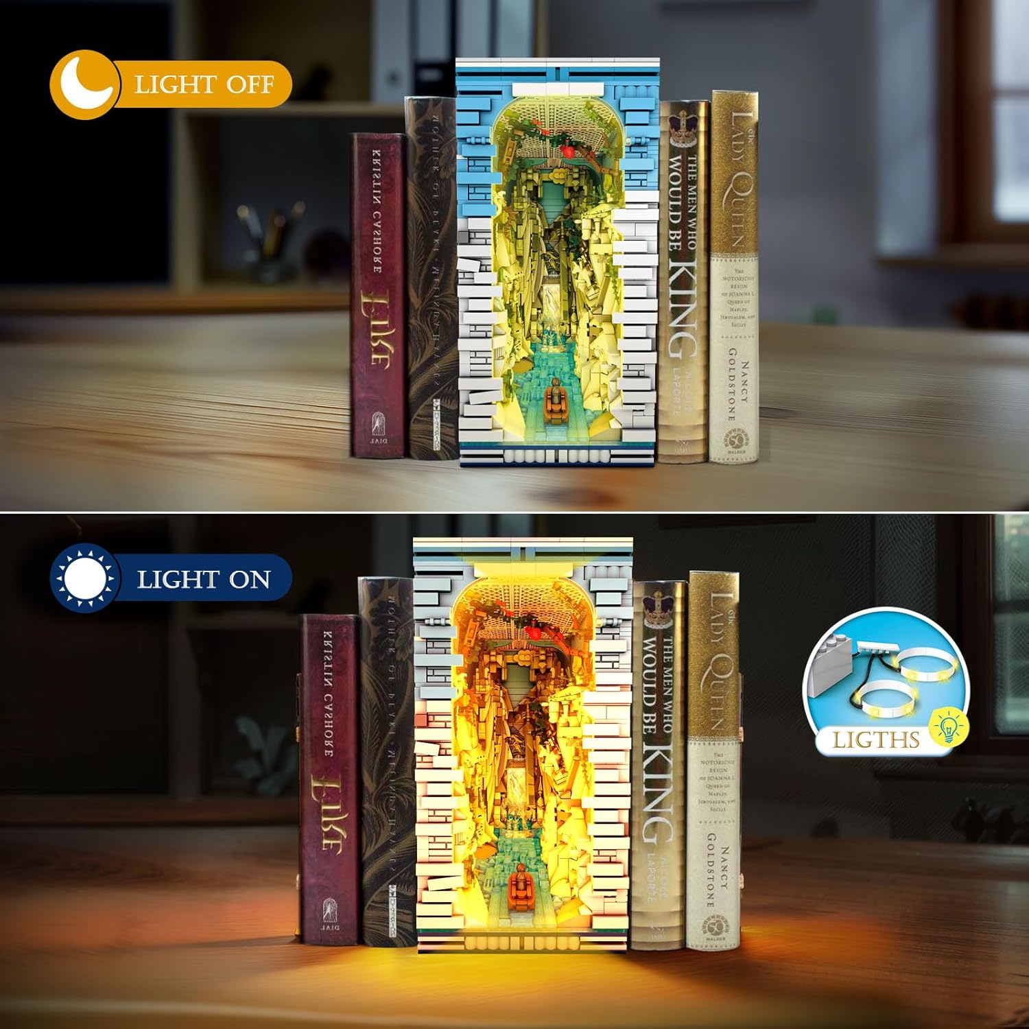 Book Nook Kit Mittelalter mit LED-Licht, Books of The Kings Film Klemmbausteine Sets, 66039 Buchstütze 3-in-1 Klappbares, Fantasy Bücherhaus Bücherregal für Erwachsene ab 14+ (3307 Teile)
