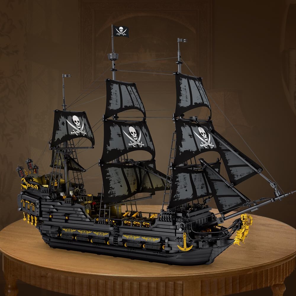 Reobrix 66036 Piratenschiff Bausteinboot Spielzeug, 4910 Teile Groß Black Pearl Boot Schiff Bauspielzeugsets Mit light, MOC Segelschiff Modellbausatz Klemmbausteine, für Erwachsene und Jugendliche