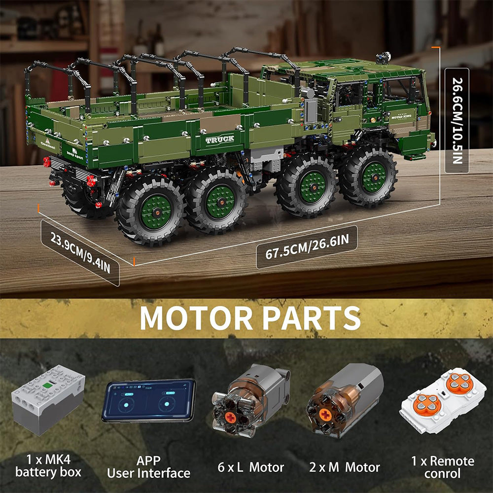Mould King 20039 Militär LKW MOC Technik Groß T813 Schwerer militärischer Geländelastwagen ferngesteuert Transportfahrzeug 8×8 Geländewagen Klemmbausteine Bausatz Technologie APP Bausatz Modell 4733+Teile