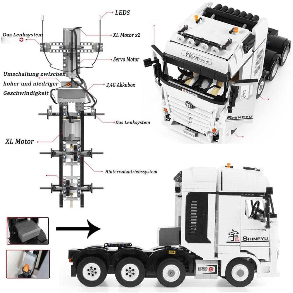 Technik LKW mit Tieflader, 9200+ Teile Technik LKW mit Anhänger und Bagger mit 11 M0T0R Bausatz, Technik Truck Bausatz MOC KIemmbausteine Set für Kinder Erwachsene