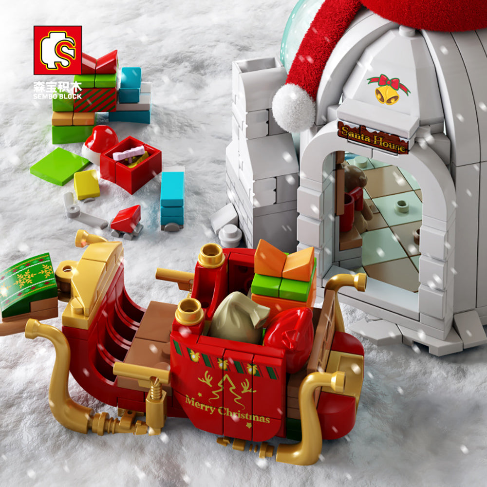 YOKES Creative Weihnachtshaus Weihnachten Schneemann Modell, 573 Teile Weihnachten 2021 Weihnachtsmann mit Schlitten LEDs Bausatz Kompatibel mit Lego Weihnachten